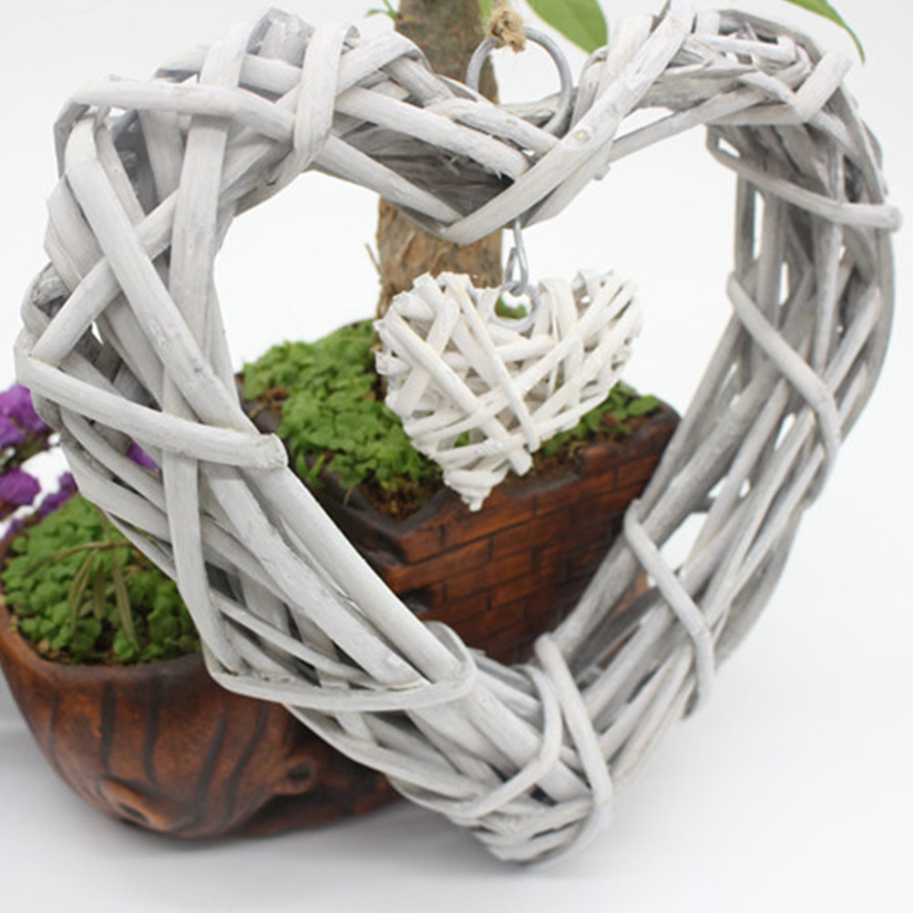 Home Decor Rattan - 베이지색 소박한 위커 하트 장식 걸이