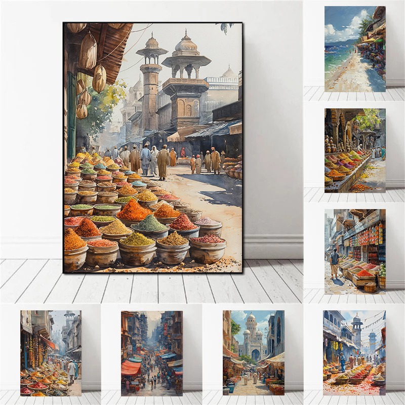 Home Decor Karachi - 카라치 라호르 파키스탄 거리 시장 수채화