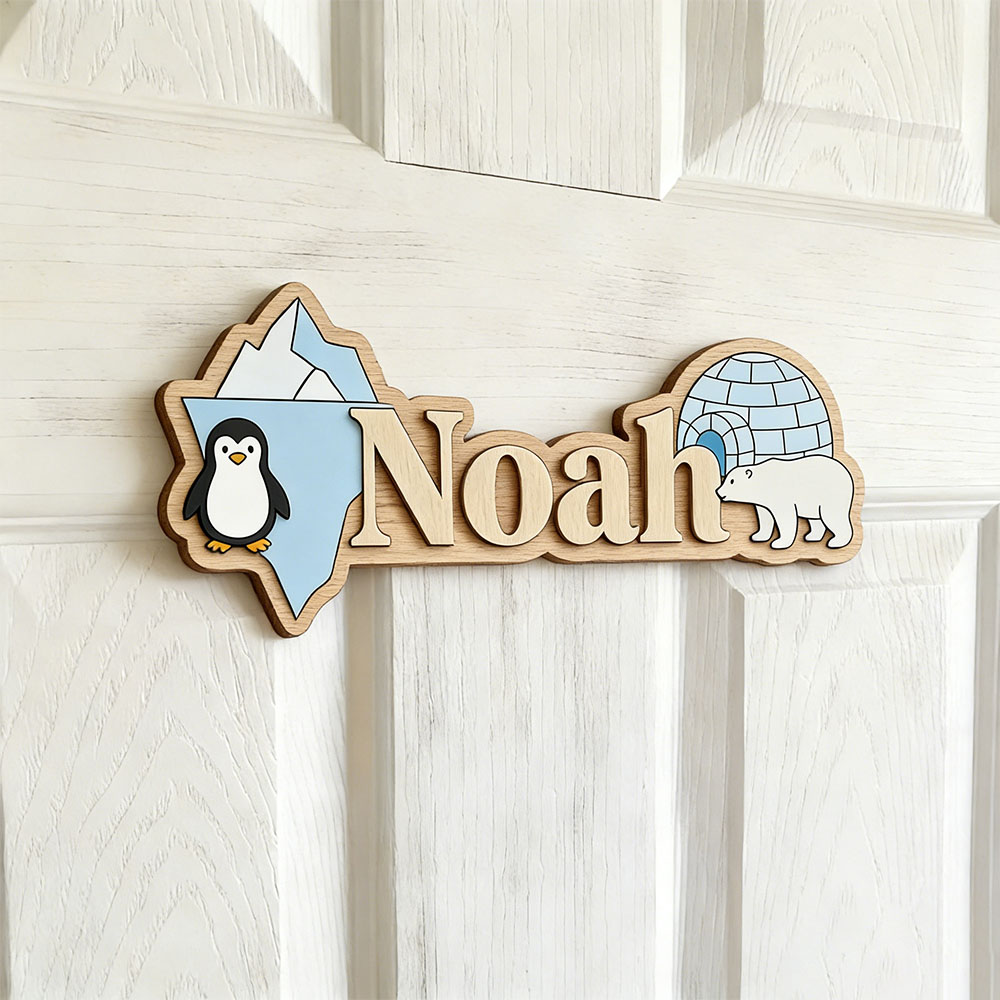 Home Decor Wall Pictures - 북극 펭귄 & 북극곰 맞춤 이름표시판,