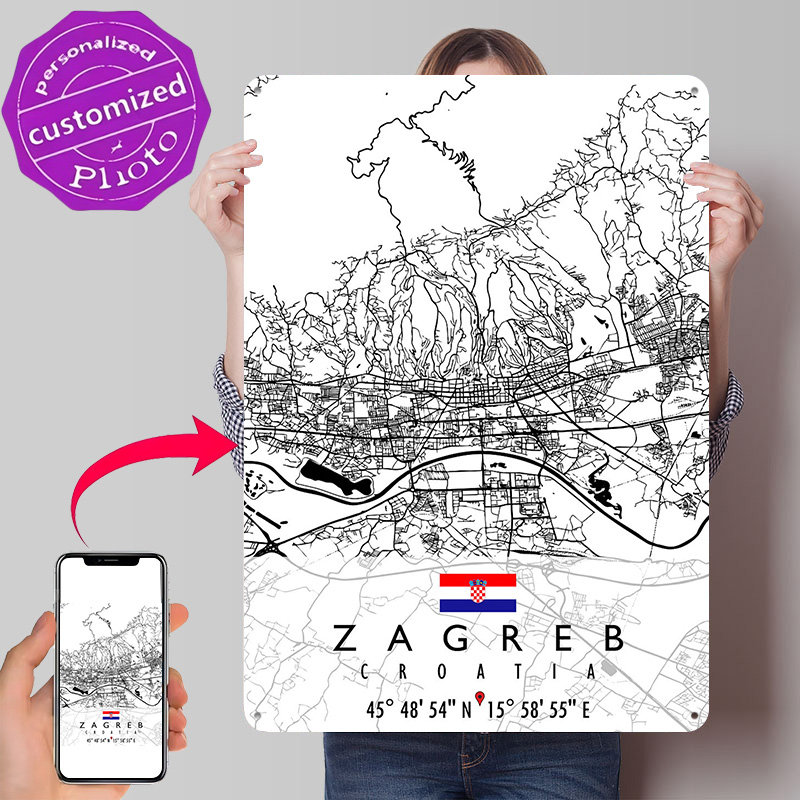 Home Decor Zagreb - 자그레브 지도 크로아티아 3D 질감 금속