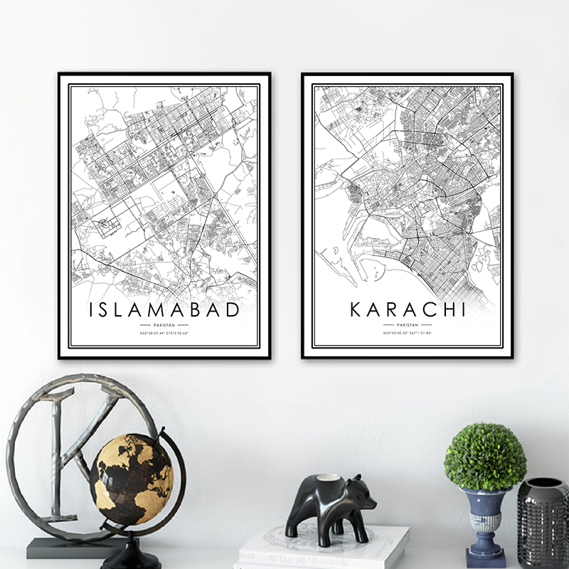 Home Decor Karachi - 카라치 도시지도 포스터 이슬람 도시지도 흑백