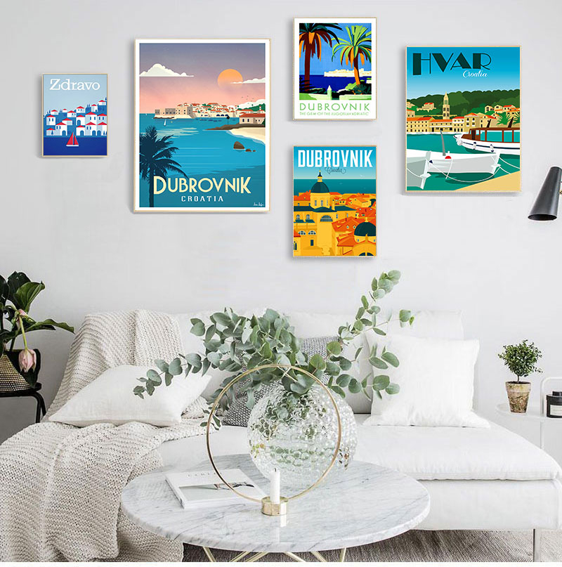 Home Decor Zagreb - 크로아티아 자그레브 두브로브니크 빈티지 여행 포스터,